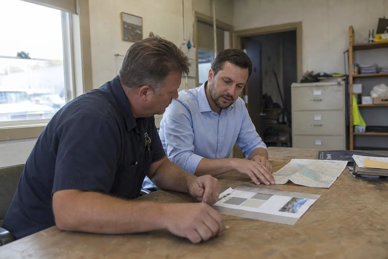 Service-business owner and consultant reviewing business information in a working field office.