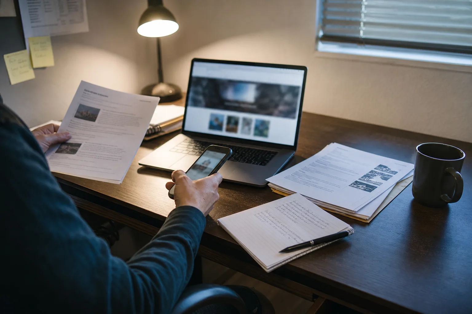 Consultant comparing a business website with public source records at a working desk.